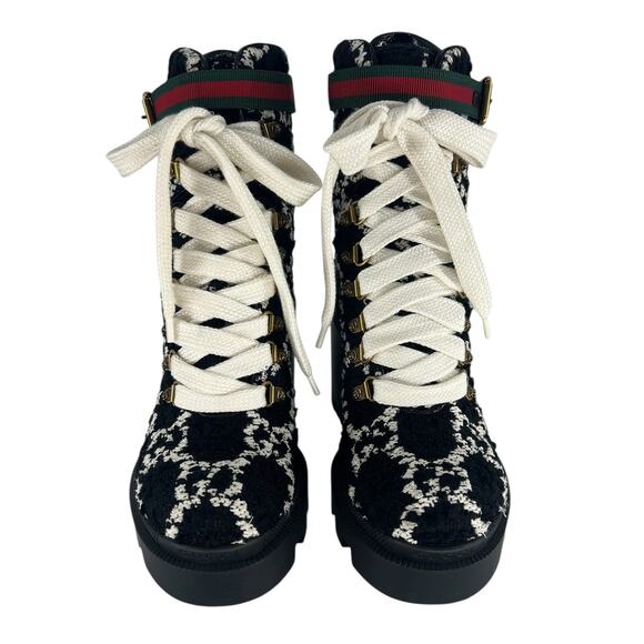 Gucci Tweed GG Monogram Lace Up Combat Ankle Boots - Picture 9 of 15